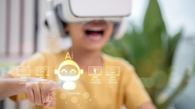 A young child wearing VR headset interacting with AI e-learning interface. Concept of online education, virtual learning, digital classroom, and future technology. - Powered by Adobe