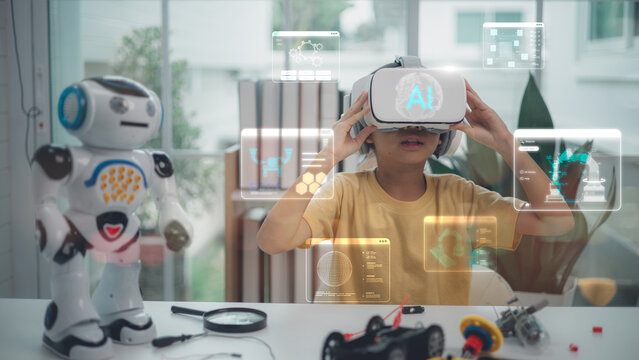 A child wearing VR headset learning with AI hologram and robot assistant. Concept of STEM education, robotics, digital learning, future technology, and smart classroom innovation.