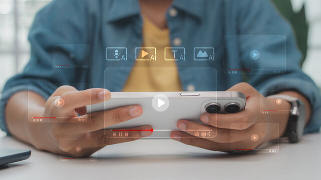 Content creator using smartphone with AI tools for video editing, digital media production, and online marketing, concept of artificial intelligence and creative technology for business.
