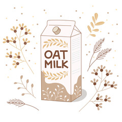 Carton of oat milk with plant branches. Vegan drink for healthy lifestyle and plant based diet. Food packaging design.