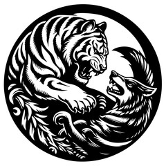 A circular design featuring a tiger and a wolf facing each other in a stylized black and white illustration