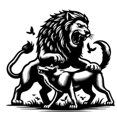 A monochrome illustration depicting a roaring lion standing over a wolf with birds in the background art