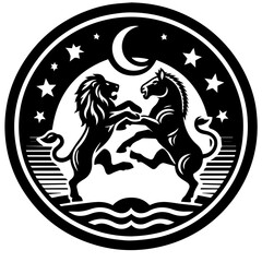 Illustration of a lion and horse facing each other under a crescent moon and stars in a circular frame
