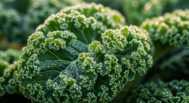Close-up of Vibrant Green Kale with Fresh Morning Dew Drops