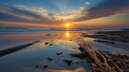 Serene sunset over a tranquil beach with gentle waves, scattered pebbles, and driftwood along the shore