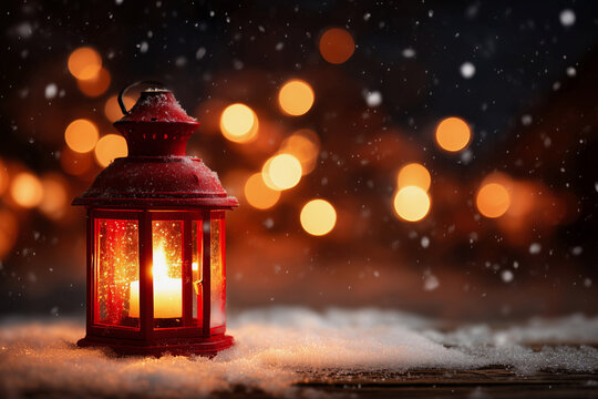 A red lantern with a candle inside is lit up in the snow - Powered by Adobe