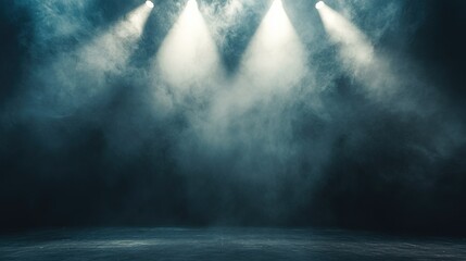 Dramatic stage with spotlights shining down—creates mystery & anticipation for upcoming performance; soft gray smoke in background adds depth/contrast; ideal for live event social media covers