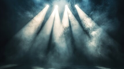 Dramatic stage with spotlights shining down—creates mystery & anticipation for upcoming performance; soft gray smoke in background adds depth/contrast; ideal for live event social media covers