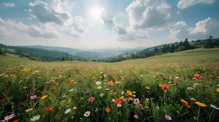 Breathtaking panoramic view of a sunlit alpine meadow bursting with colorful wildflowers under a bright summer sky