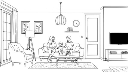 A family enjoying time together in a cozy living room with a fireplace and large windows