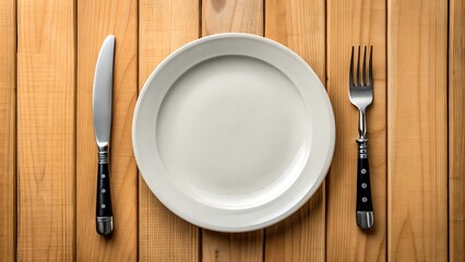 Overhead shot of an empty white plate with a knife and fork on a wooden table, ready for a meal or a place setting concept
