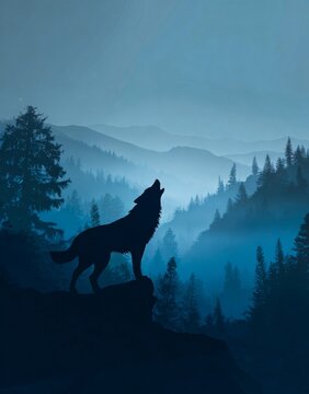 Wildlife animal landscape illustration - Black blue silhouette of sceaming wolf in forest with mountains and fog