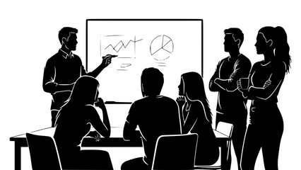 Business meeting with presentation on whiteboard