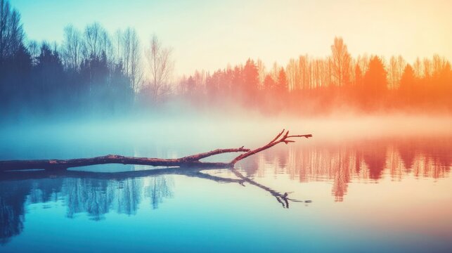 Serene lake shrouded in morning mist offering a tranquil and ethereal landscape retreat