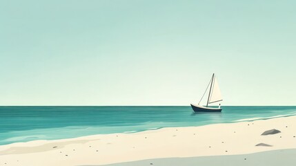 Serene seascape of a sailboat gliding on tranquil waters near a sandy shore