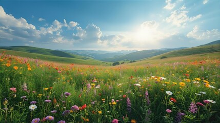 A beautiful summer landscape of a green meadow with red poppy flowers blooming under a blue sky with clouds