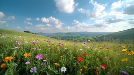 A vibrant wildflower meadow flourishes under a bright blue sky, painting a serene rural landscape with natural beauty and colorful summer blooms