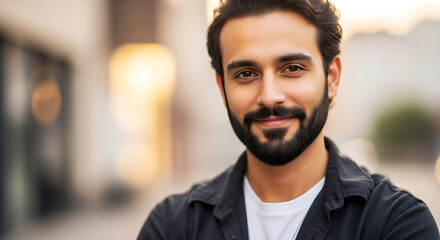 Obraz premium Smiling Middle Eastern Man with Beard and Dark Hair Wearing a Black Shirt and White T- Shirt Outdoors