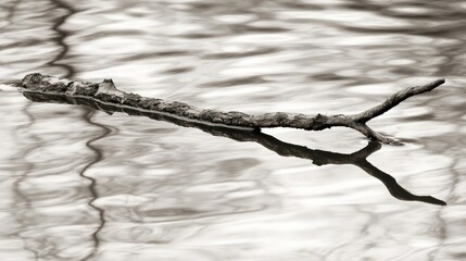 Monochrome depiction of a floating branch and its reflection in serene water surface