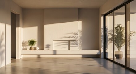 Empty Modern Living Room with Beige Walls and Natural Sunlight Creating Long Shadows