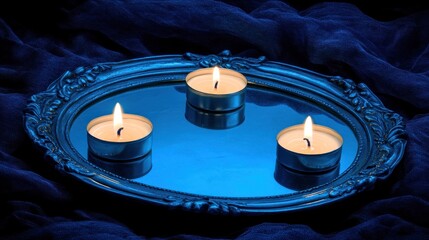 Illuminating serenity: Three tea light candles on a vintage blue mirrored tray set against plush