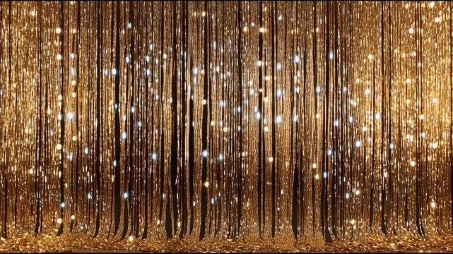 Golden curtain reveal for grand opening stage, a festive decorative backdrop with gold fringe for weddings, birthday parties, Christmas, and New Year's Eve decorations