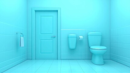 Minimalist monochromatic cyan bathroom featuring essential fixtures with door towel