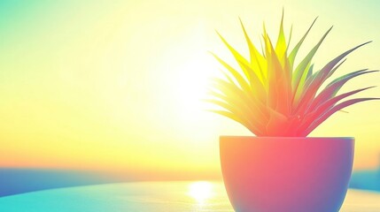 Succulent plant in a pot bathed in vibrant sunset hues creating a serene atmosphere