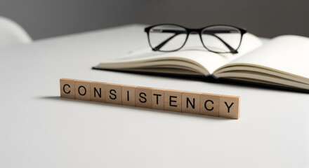 Achieve success through consistency, concept displayed with wooden blocks, book and glasses on a white desk