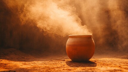 An earthenware vessel with smoke rising against a dusty and obscure backdrop