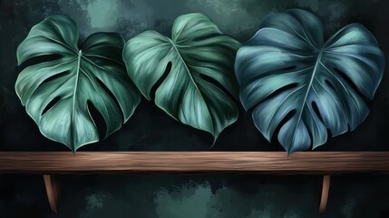 Artistic depiction of monstera leaves resting atop a wooden shelf creates a tranquil tropical