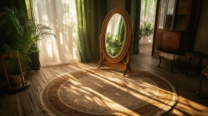 Tranquil vintage interior bathed in sunlight with mirror and vibrant green plants