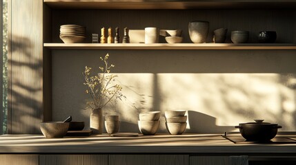 Sunlit kitchen serenity showcasing artisanal ceramics and natural light interplay creating