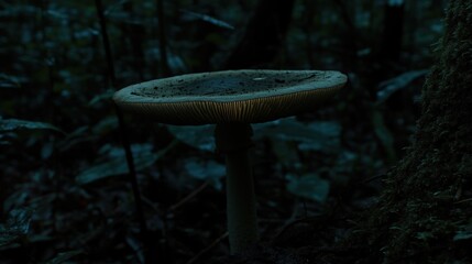 Mystical mushroom standing alone in the dim forest undergrowth at nightfall looking magical