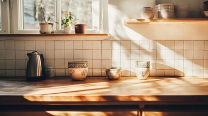 Golden hour tranquility in a minimalist kitchen bathed in warm sunlight with subtle shadows