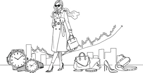 fashion, finance, woman, trench coat, sunglasses, handbag, heels, scarf, chart, candlestick, bar graph, luxury, style, success, business, vector, black, white, accessories, elegance