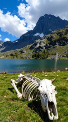 Skeleton near mountain lake