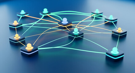 Interconnected network nodes glowing with bright neon lines, symbolizing digital connections and data flow