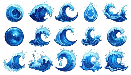 Cartoon Style Detailed Water Wave and Drop Element Collection Graphics
