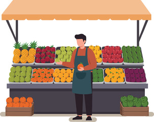 Fruit vendor at a market stall with a variety of fresh produce.
