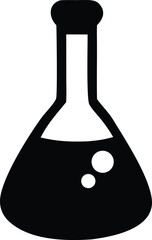 Simple black icon of a chemistry flask with bubbles and liquid for science experiments and education