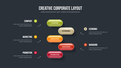 Creative Planning 5 Option Infographic Presentation Layout. Sales Launch Five Step Diagram Slideshow Template. Service Insight Frame Design Vector Illustration.