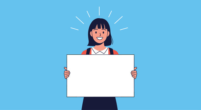 Excited young woman holding a blank white board for your message or information