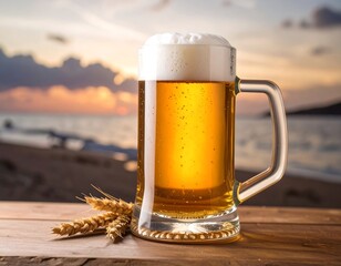 Lager beer mug at sunset on the beach