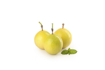Fresh Golden Passion Fruits from Guangxi China with Mint Leaves on White Background