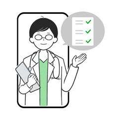 オンライン診療を行う男性医師のベクターイラスト スマホ画面とチェックリスト付き 医療相談・診療サービス