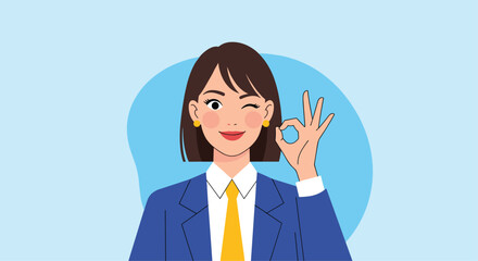 A professional businesswoman confidently gives the ok sign demonstrating success and approval