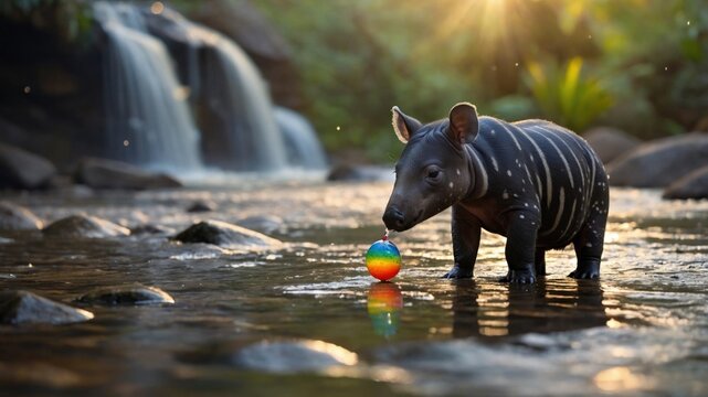 A playful tapir stands in a serene river, engaging with a colorful ball near a waterfall at sunset