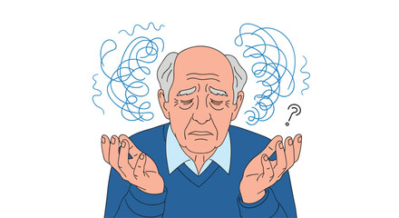 An elderly man with a troubled expression and tangled lines around his head looking confused and distressed