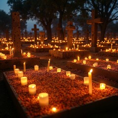 Cemetery graves in somber style in orange and black colors representing Day of the Dead rituals